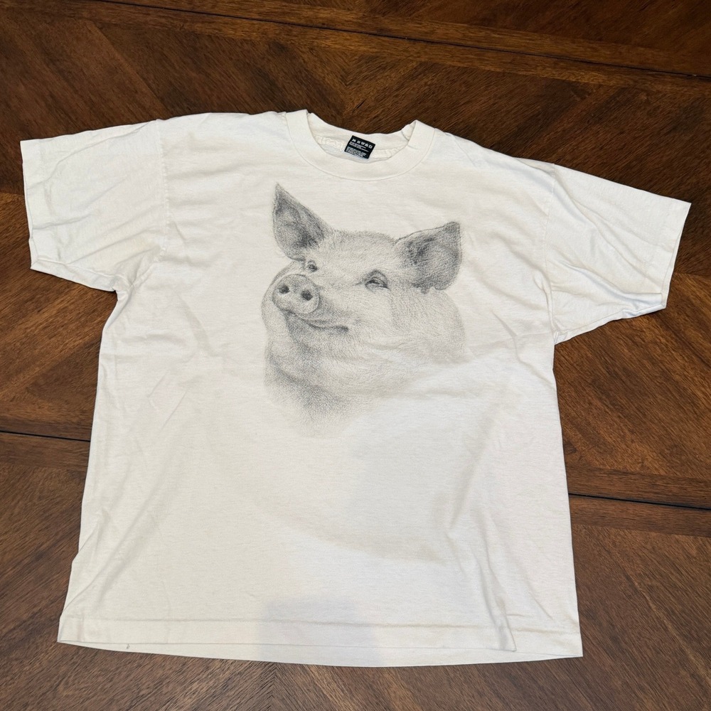 Vintage Fruit of the Loom Best Pig Sketch Graphic T-Shirt XL Off White 90s USA
